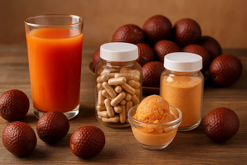Aguaje: beneficios, propiedades y cómo se consume 4 Vaso de jugo de aguaje, cápsulas en frasco, polvo y helado en recipiente de vidrio, junto a frutas enteras sobre una mesa de madera